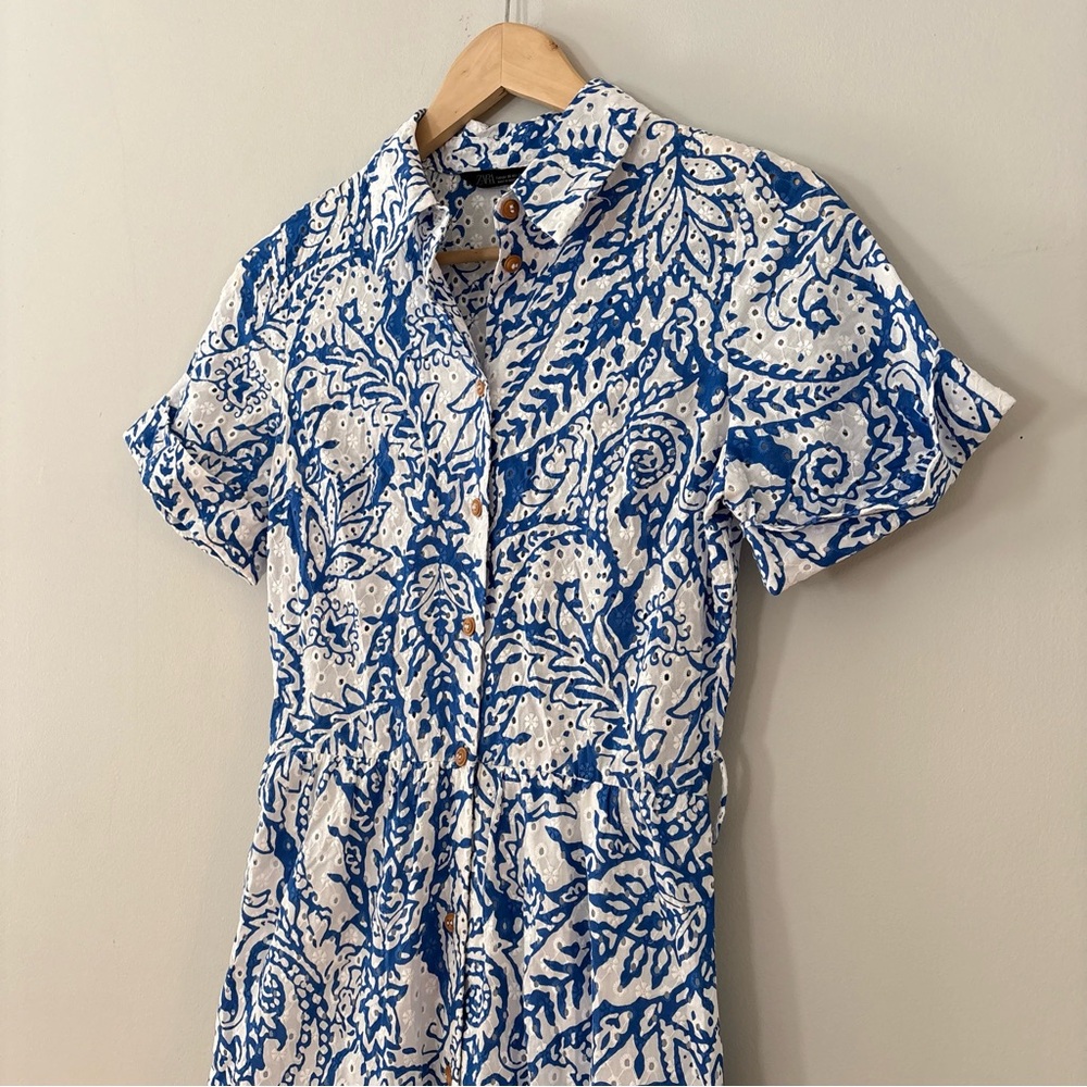 Zara Eyelet Blue White Paisley Summer Midi Dress Size XS Boho Vacation Dress - Picture 3 of 13